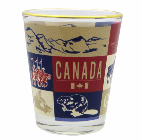 Shot Dye Sublimation with Gold Rim, Multi Icons in Squares, Canada General