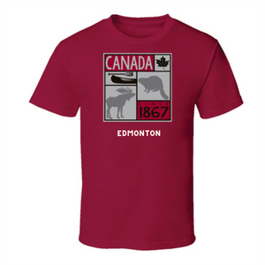 Red Edmonton T-shirt for Adults featuring Canada Icons
