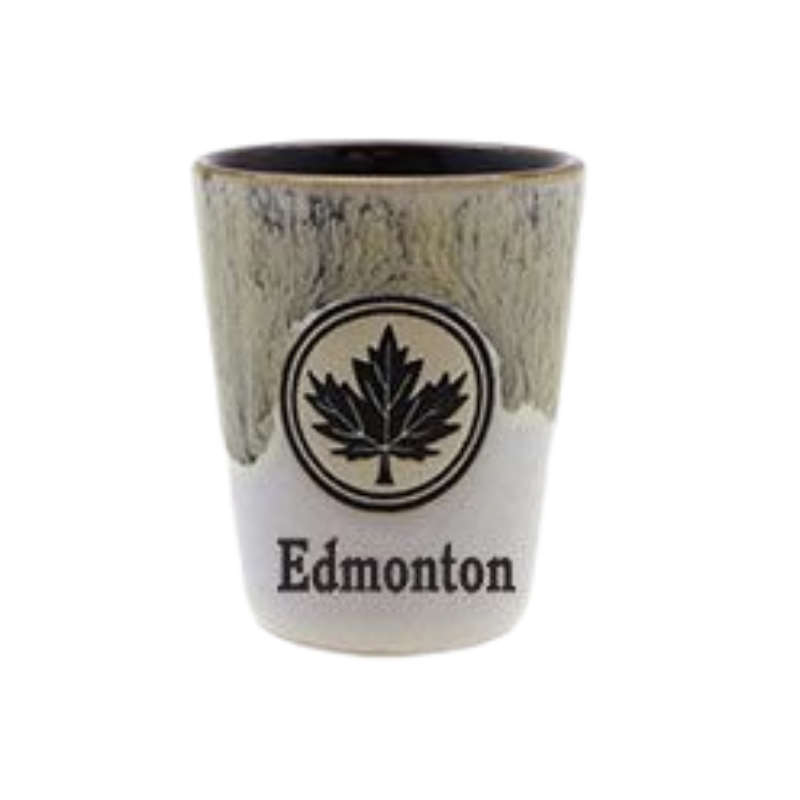 Stoneware Shot With Maple Leaf and Text Edmonton Brown
