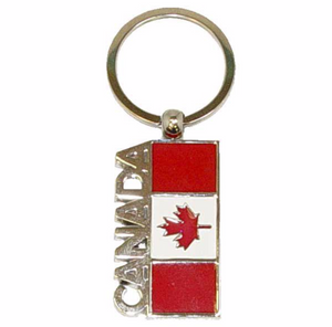 Canadian flag-themed keychain with bold block letters spelling 'Canada.' Durable, stylish accessory representing Canadian pride and identity
