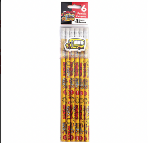 6 Pencil Pack + Eraser - School Bus