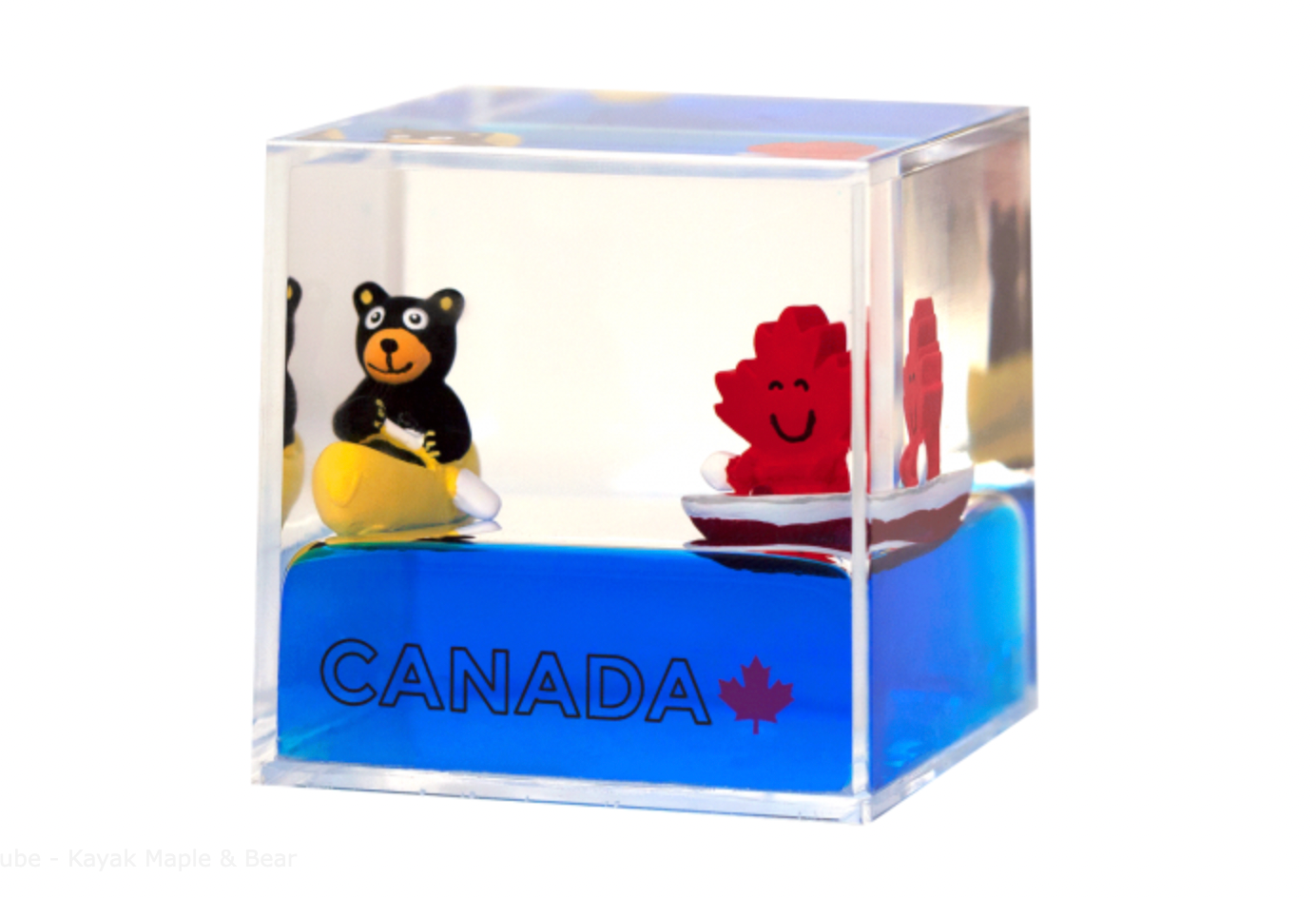 A floating cube with a stylish kayak design featuring a beautiful maple and bear motif