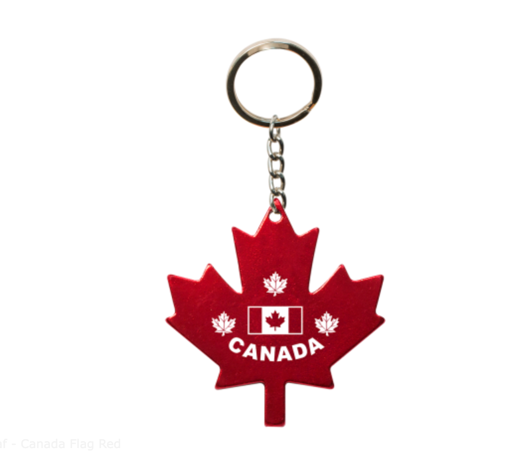 Aluminum key chain featuring a maple leaf design with the iconic red and white colors of the Canada flag. A stylish and patriotic accessory to carry your keys