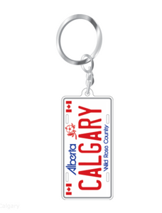 Aluminum Vehicle Plate Keychain featuring a Calgary cityscape design, a stylish and durable accessory for your keys
