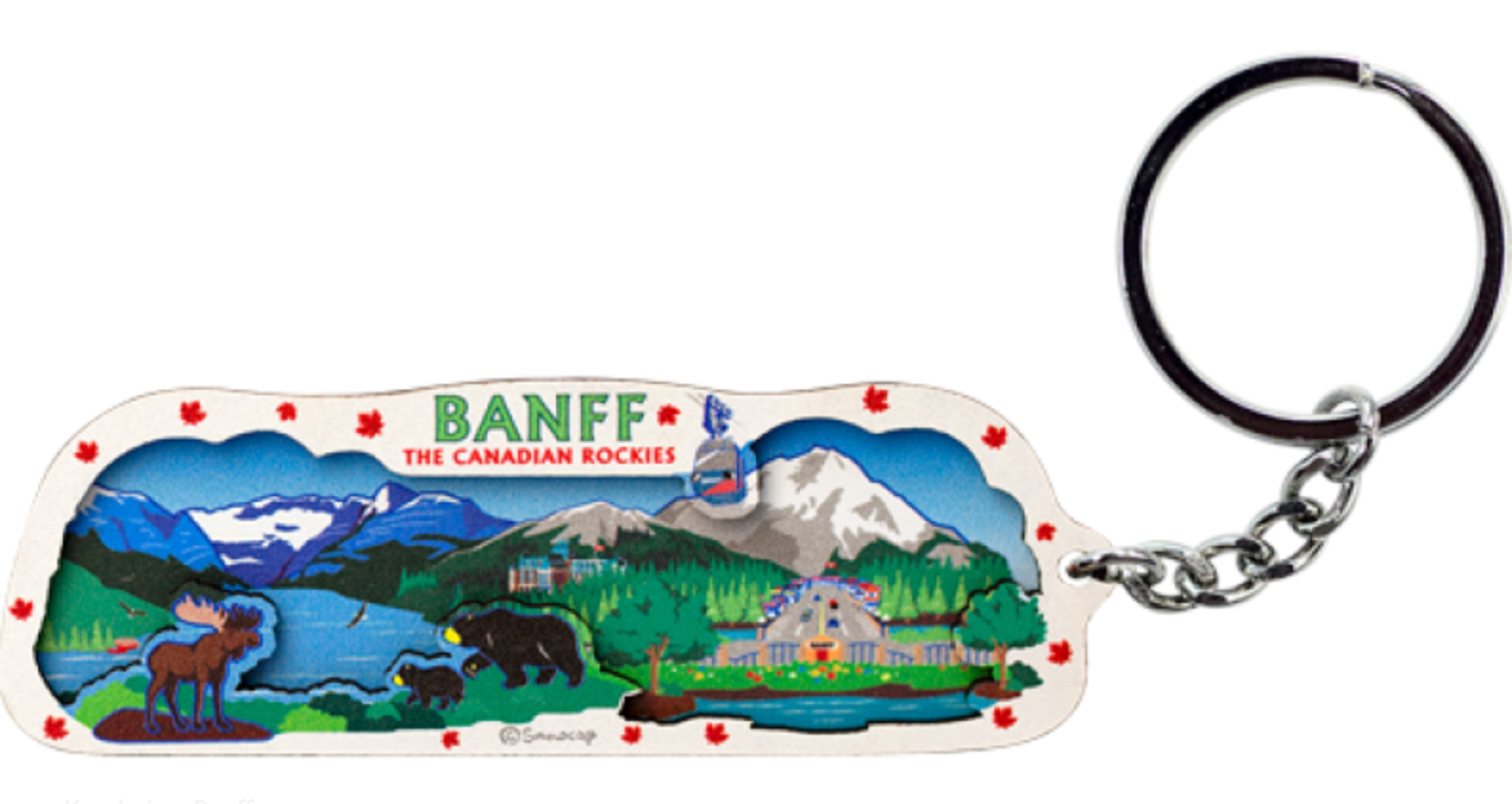 Shiny laser-cut keychain featuring the scenic beauty of Banff, a must-have accessory for your keys