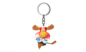 Wooden keychain featuring a hockey-playing moose design, perfect for sports enthusiasts and nature lovers