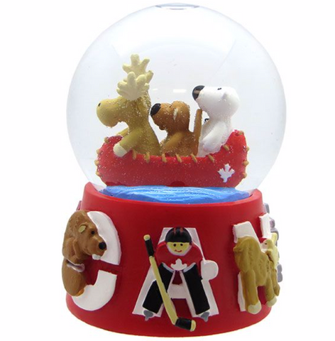 Snow Globes 65mm featuring Cartoon animals in a canoe, a delightful Canada-themed decoration