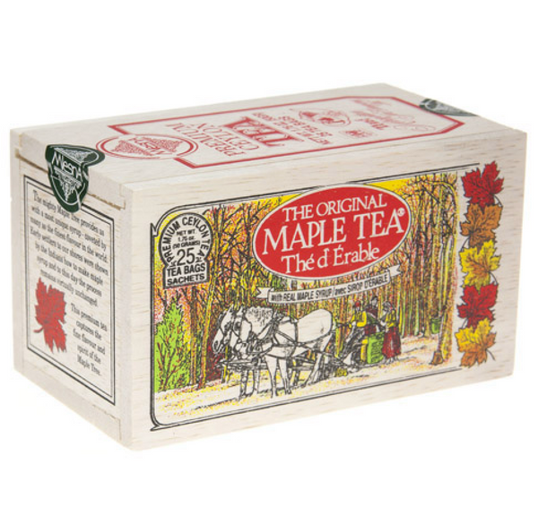 The Original Maple Tea Wooden Box - A rustic wooden box containing our signature Maple Tea, a delightful blend of pure, organic Canadian goodness. Perfect for tea enthusiasts and a unique gift idea. 40g