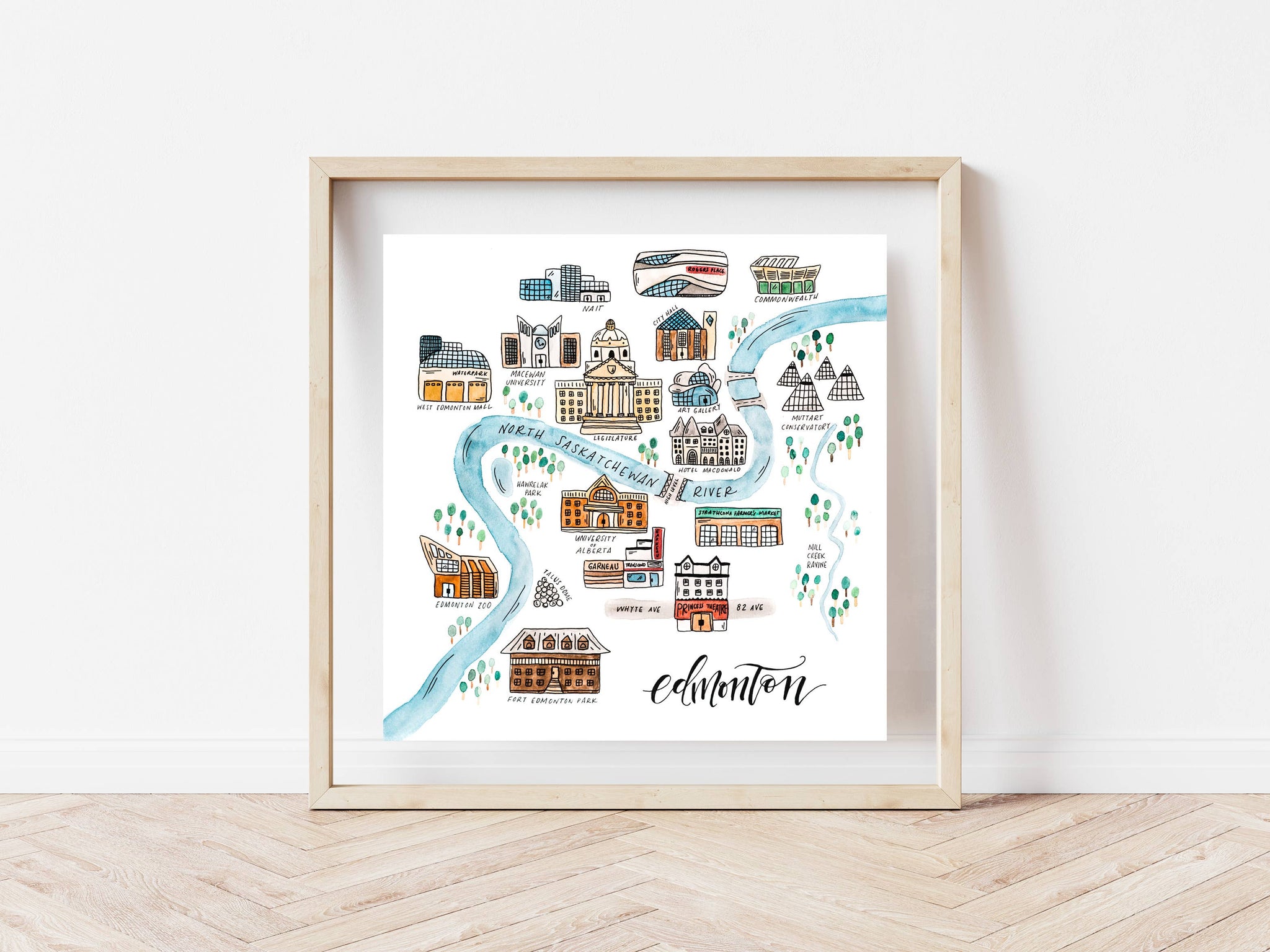 Edmonton Alberta Watercolour Map Print: 12x12" Print