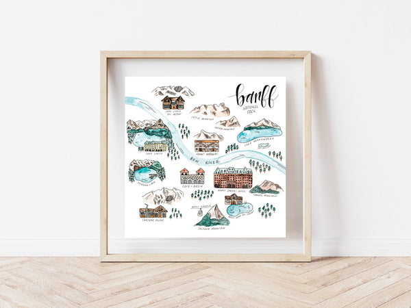 Banff Alberta Watercolour Map Print: 12x12" print