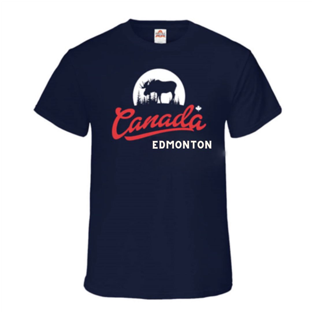 Youth navy Edmonton T-shirt with a moose silhouette design