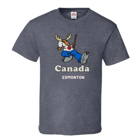 Edmonton T-Shirt for Youth in Charcoal Heather color with a Retro Moose design