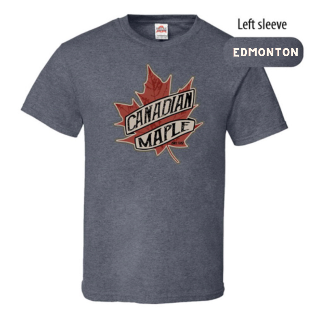 Adult Charcoal Heather Edmonton T-Shirt featuring a Canadian Maple design