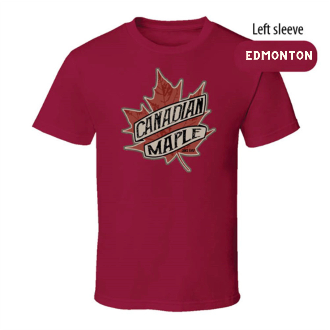 Red Edmonton T-Shirt with Canadian Maple Leaf Design for Adults