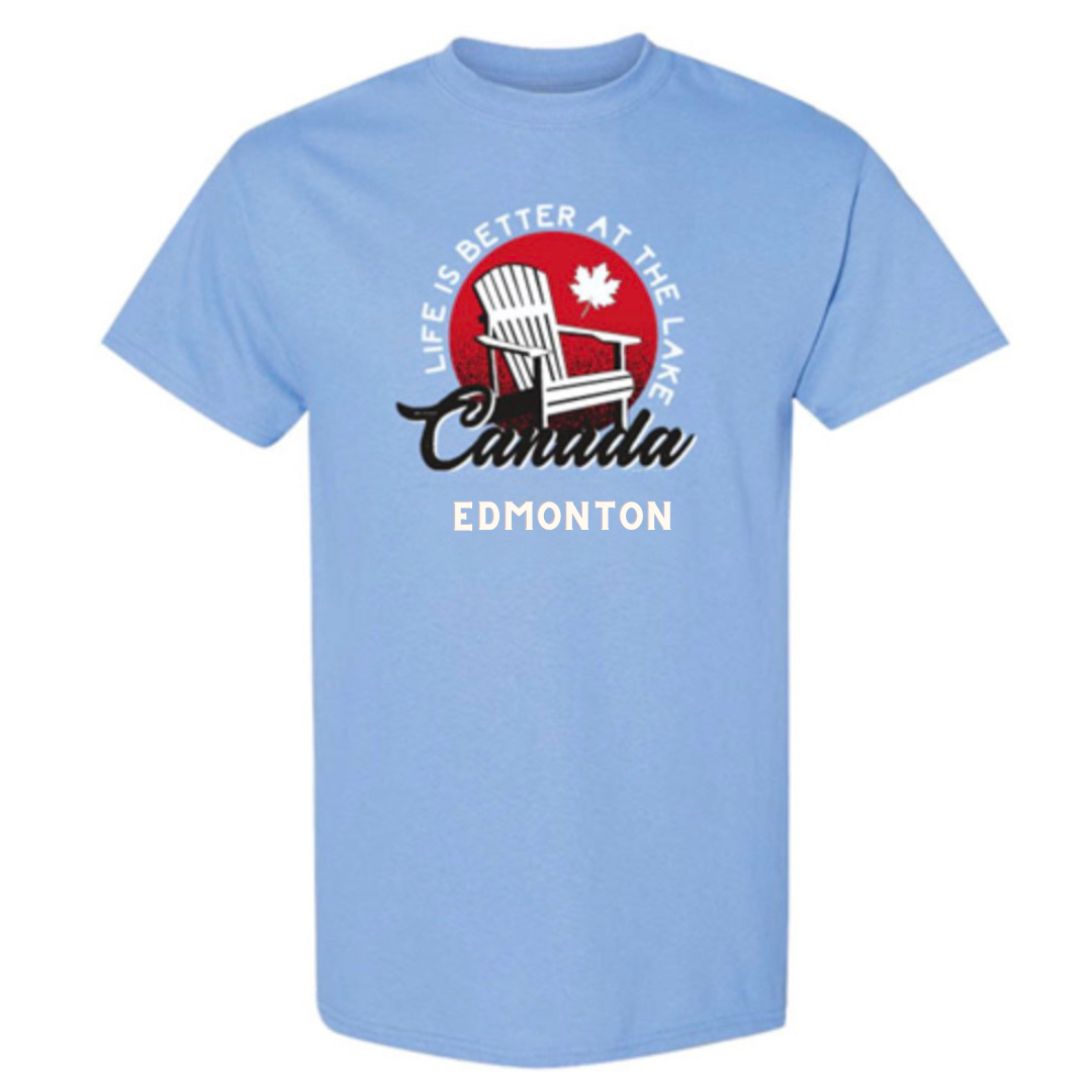 Carolina Blue Edmonton T-Shirt - Adult, featuring 'At The Lake' design