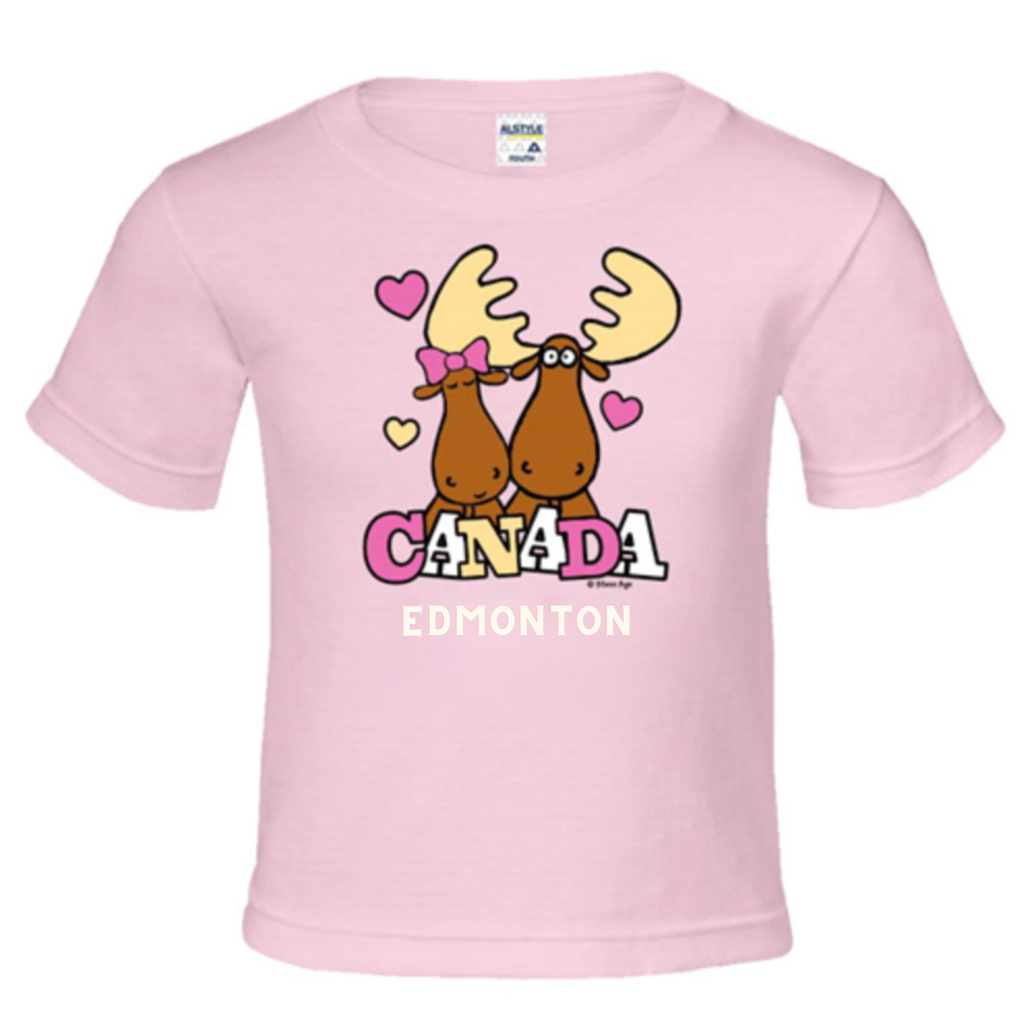 Adorable Edmonton T-Shirt for Kids in Lovely Pink with a Playful Moose Design