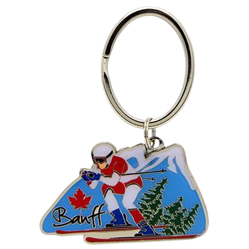 Canada Souvenir Keychain featuring a skier in Banff, a popular Canadian destination for winter sports and outdoor enthusiasts