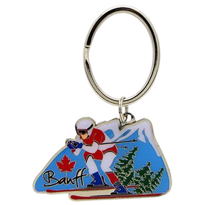 Canada Souvenir Keychain featuring a skier in Banff, a popular Canadian destination for winter sports and outdoor enthusiasts