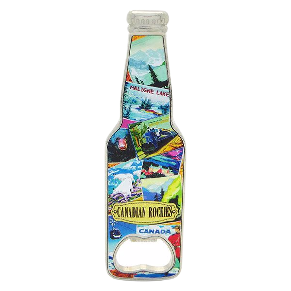 Fridge Magnet Bottle Shaped Opener - Retro Collage Canadian Rockies