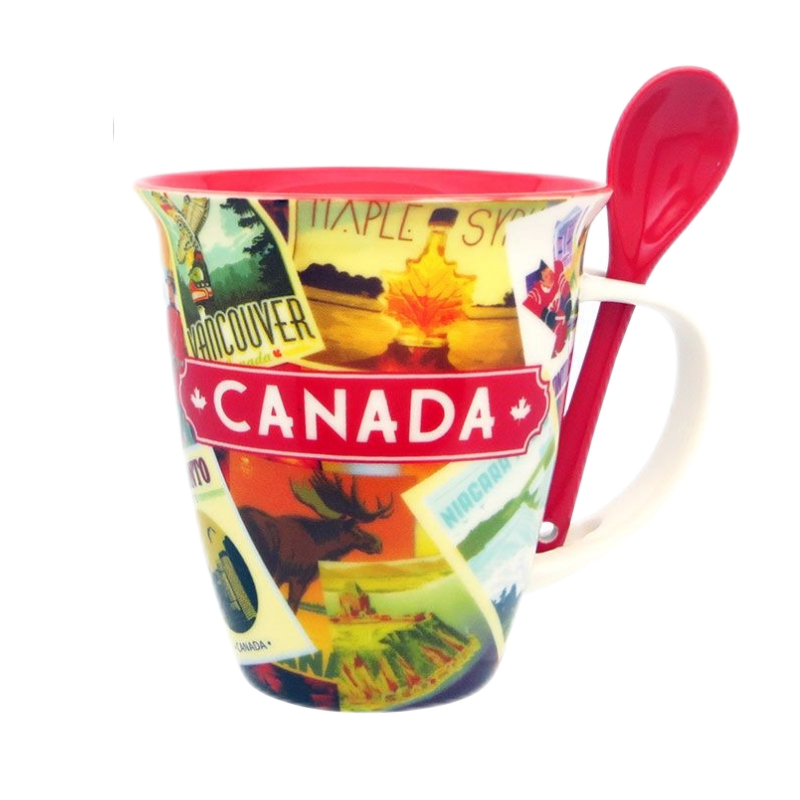 Canada Retro Collage Designed Red Mug With Spoon