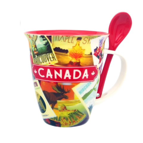 Canada Retro Collage Designed Red Mug With Spoon