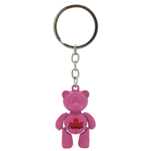 A charming pink bear-shaped souvenir keychain from Canada, perfect for adding a touch of Canadian wilderness to your keys or bag