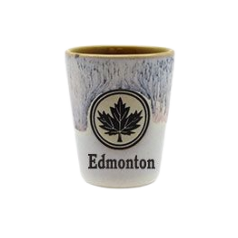 Stoneware Shot With Maple Leaf and Text Edmonton Yellow