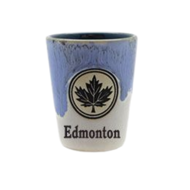 Stoneware Shot With Maple Leaf and Text Edmonton Blue