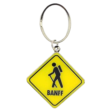 Canada Souvenir Keychain with Banff Hiking Design - A small, rectangular keychain featuring a picturesque Banff Hiking scene. A perfect Canadian souvenir to remember your adventure