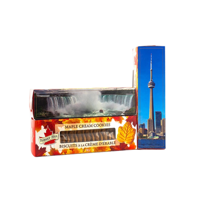 200g Pure Organic Canadian Maple Syrup Maple Cream Cookies featuring iconic CN Tower and Niagara Falls imagery - a sweet taste of Canada's finest maple treats