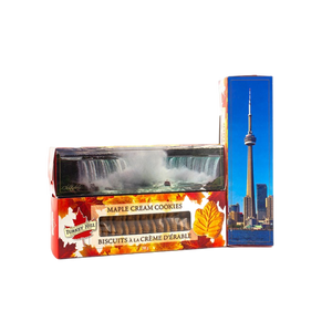 200g Pure Organic Canadian Maple Syrup Maple Cream Cookies featuring iconic CN Tower and Niagara Falls imagery - a sweet taste of Canada's finest maple treats